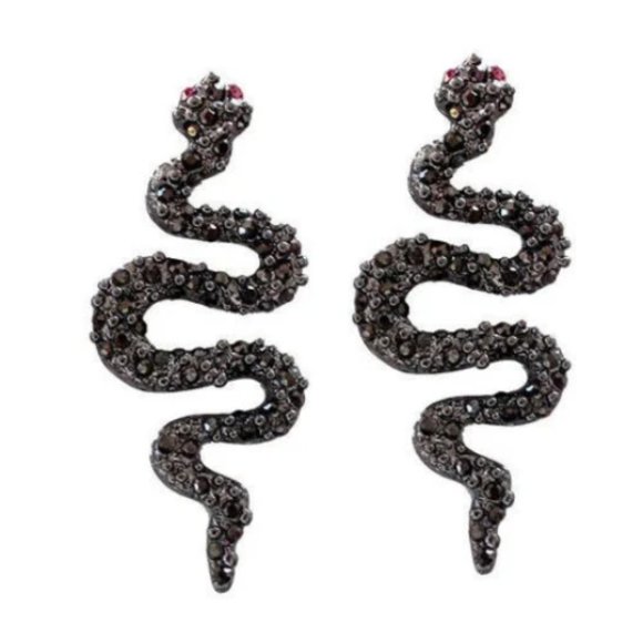 Punk Long Black Snake Earrings Jewelry Ear Stud Handmade Crystal Stud Earrings - Picture 4 of 8